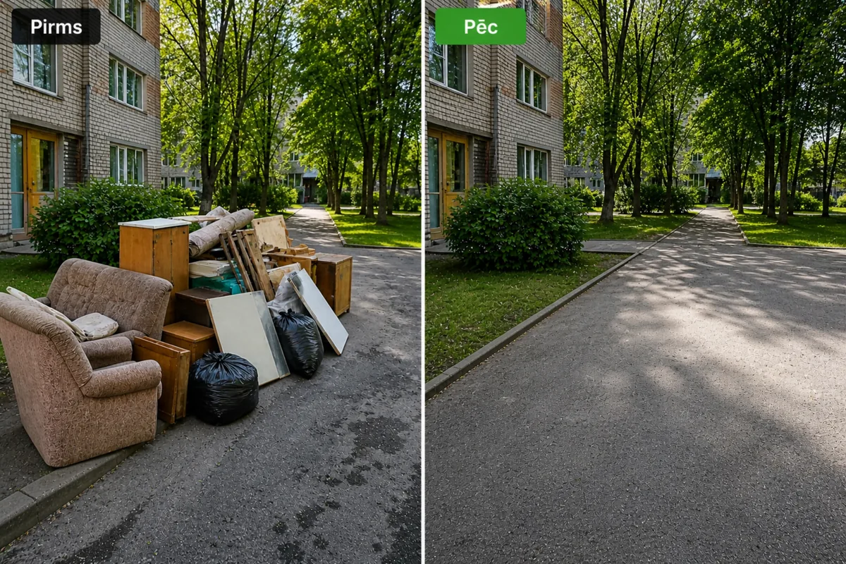 Mēbeļu un mantu izvešana pagalmā Rīgā pirms un pēc